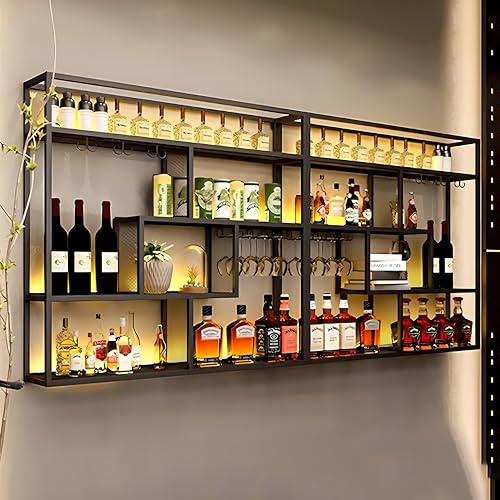 RAJYQODIS 65in Industrial Wall Mounted Wine Rack with Glass Holder, 4-Tiers Bottle Glass Holder, Iron Bar Liquor Display Shelf for Home Bar, Wine Kitchen Storage (Black, 55in)