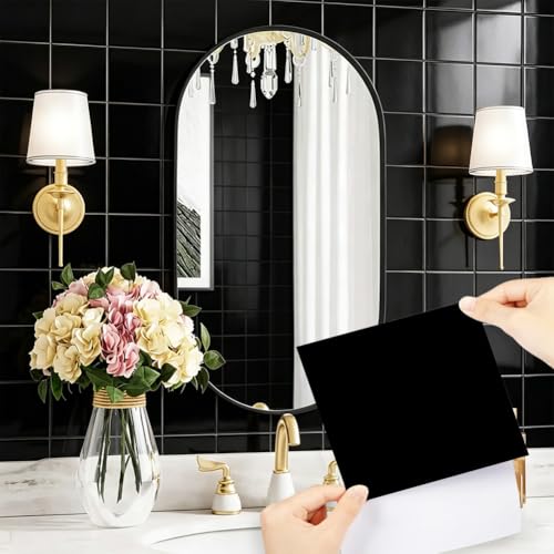 96 Pcs PVC Carrelage adhésif mural salle de bain Noir, 15x15cm stickers muraux cuisine,crédence adhésive pour cuisine,Dalle PVC adhésive murale –...