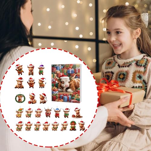 Christmas Calendar - 24 Days Countdown Calendar, Adveent Calendars, 2D Acrylic Cute Highland Cow Ornament Planner For Vacation Home Family Tree Window Wall Door Car Rearview Mirror Decoration - Image 5