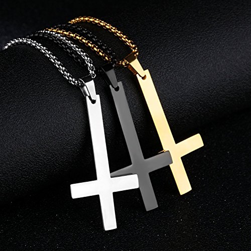 JAJAFOOK Stainless Steel Silver/Balck/Gold Upside Down Cross Pendant Necklaces with 21.6" Chain3