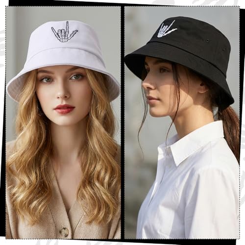 Image of 2 Pack Skull Bucket Hat for Men Women, Cotton Skeleton Hand Fisherman Hat, Foldable Black White Summer Travel Sun Hat