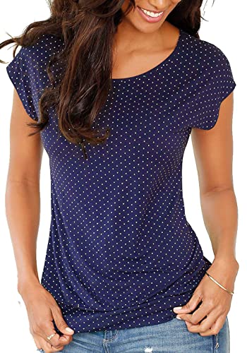 Brosloth Damen Rundhals Sommer T Shirt Kurzarmshirt Breitem Bund Longshirt Kurzarm Oberteil Tops Mit Pünktchen-Druck Navy L Cover