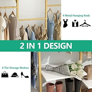 Gold Wall Mount Clothes Rack with 4 Hanging Rods, Clothing Rack with 6-Tier Adjustable Shelves, Closet Storage Organizer System Kit, Heavy Duty Garment Rack with Metal (80.43" L*78.62" H) (Gold) Gold Wall Mount Clothes Rack with 4 Hanging Rods Clothing Rack with 6 Tier Adjustable Shelves Closet Storage Organizer System Kit Heavy Duty Garment Rack with Metal 8043 L7862 H Gold