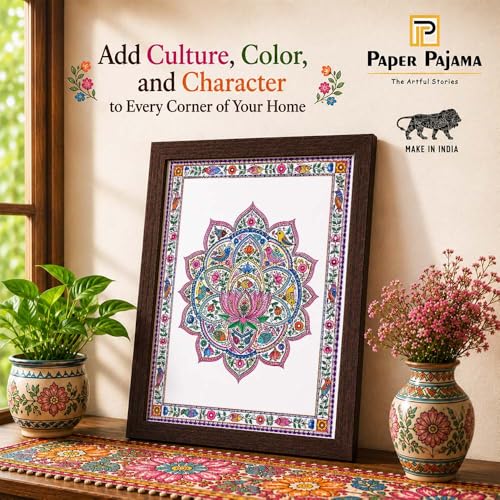 Image of PAPER PAJAMA Lotus Mandala Wall Art for Living Room | Madhubani Floral Mandala Painting | Traditional Mithila Folk Art Framed Decor for Home, Bedroom & Office (10x13 Inches)