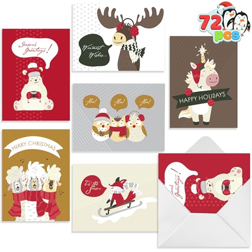 JOYIN 72 Piece Cute Animal Wintertime Greeting Cards Collection with 6 Unique Festive Designs & Envelopes for Winter Christmas Season, present Giving, Xmas Gifts Cards.