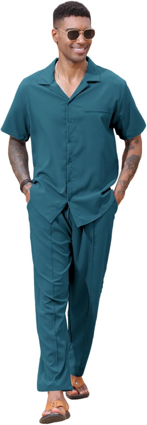 Lexiart 2 Piece Set for Men Beach Outfits Cuban Collar Button Down Shirt Darwstring Pants - Image 2