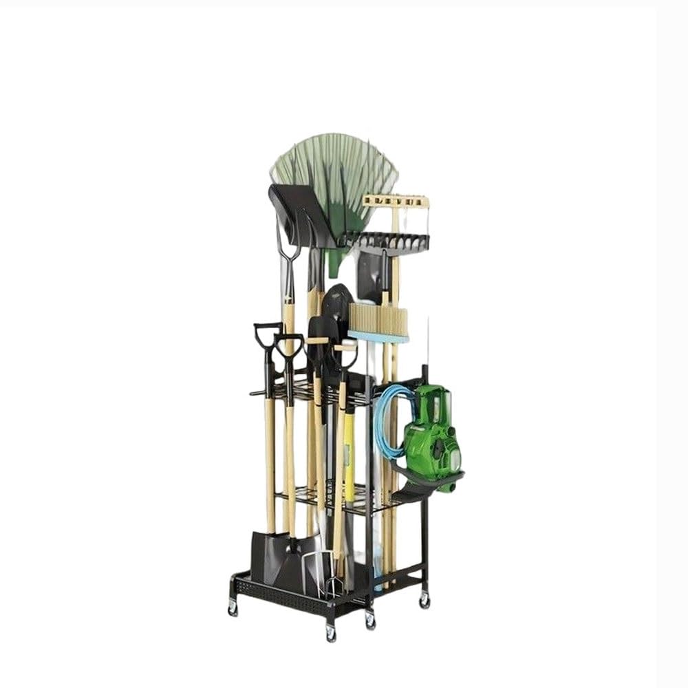 Scaffale per attrezzi resistente, organizer da garage con ruote per attrezzi da giardino, rastrelli, pale e attrezzature con manico lungo