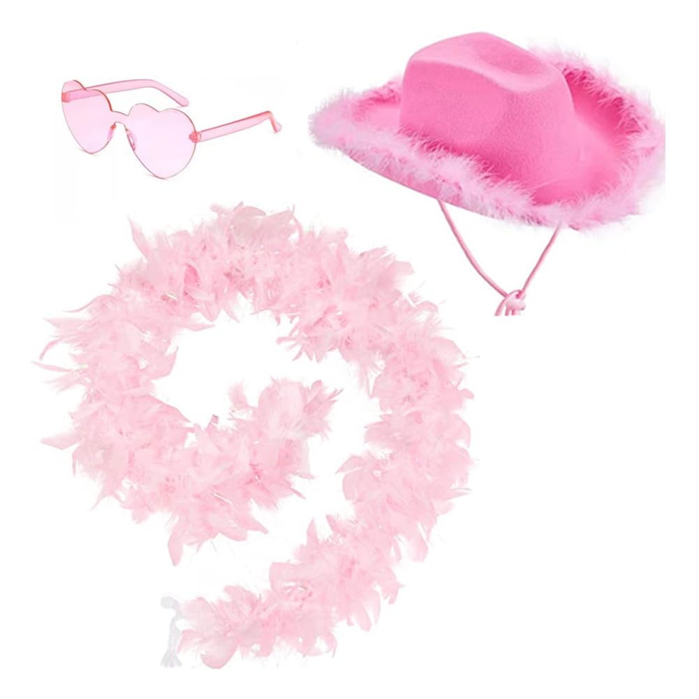 ZOOMPIL Pink Feather Cowgirl Hat with Feather Boa and Heart Sunglasses, Adjustable Felt Cowboy Hat for Women - Secure Fit, for Nashville Bachelorette Party, Cowgirl Costume & Country Concerts