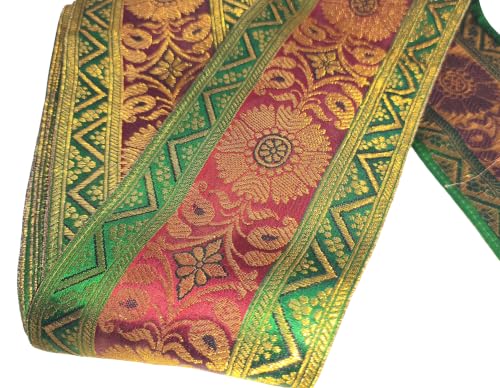 Image of Brocade Ethnic Work 9 Meter Laces and Borders Material for Dresses, Sarees, Lehenga, Suits, Blouses, Dupatta, chunri and Crafts (Green x Maroon Copper)