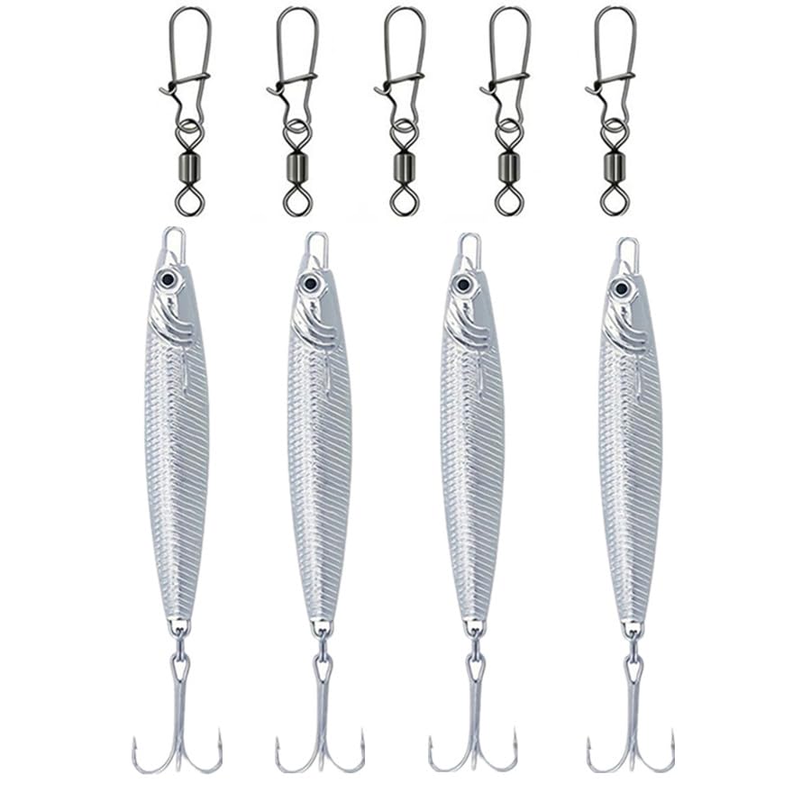 4 Pcs Metal Sea Fishing Lures with Hooks Silver Spoon Lures 20g 30g 40g Pike Sea Fishing Tackle Metal Jigs for Mackerel Cod Bass Freshwater (silvery, 20g)