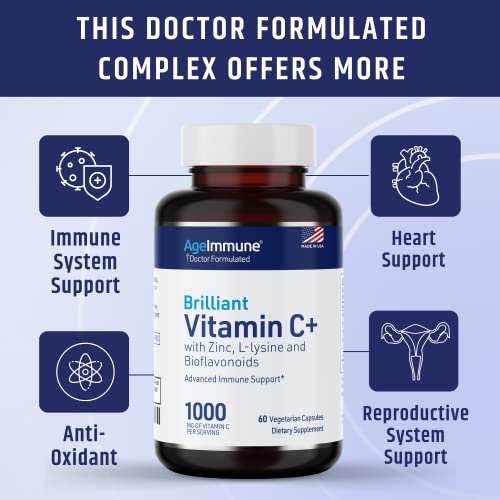 Vitamin C 1000Mg Complex With L-Lysine 500Mg, Zinc Gluconate 12Mg, Bioflavonoids 300Mg. Doctor Formulated Magnesium Stearate Free Supplements For Healthy Immune System Support. Two Bottles.(2) #TOP5