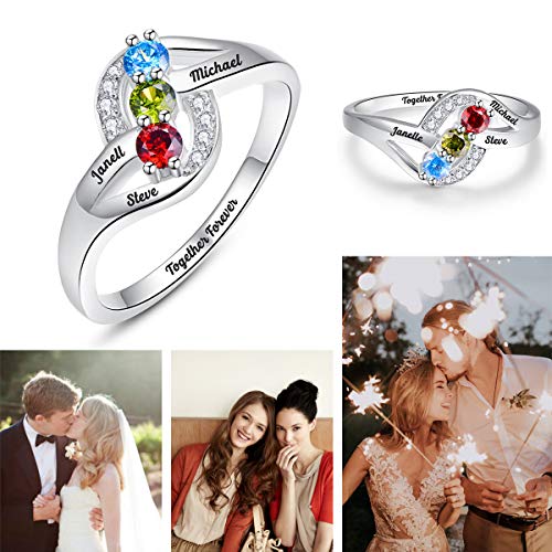 Bonlavie Promise Rings For Women 3 Round Cut Simulated Birthstones Personalized Names Infinity Created Ruby Cluster Drill Promise Sterling Silver Rings Size 11.5 #TOP5