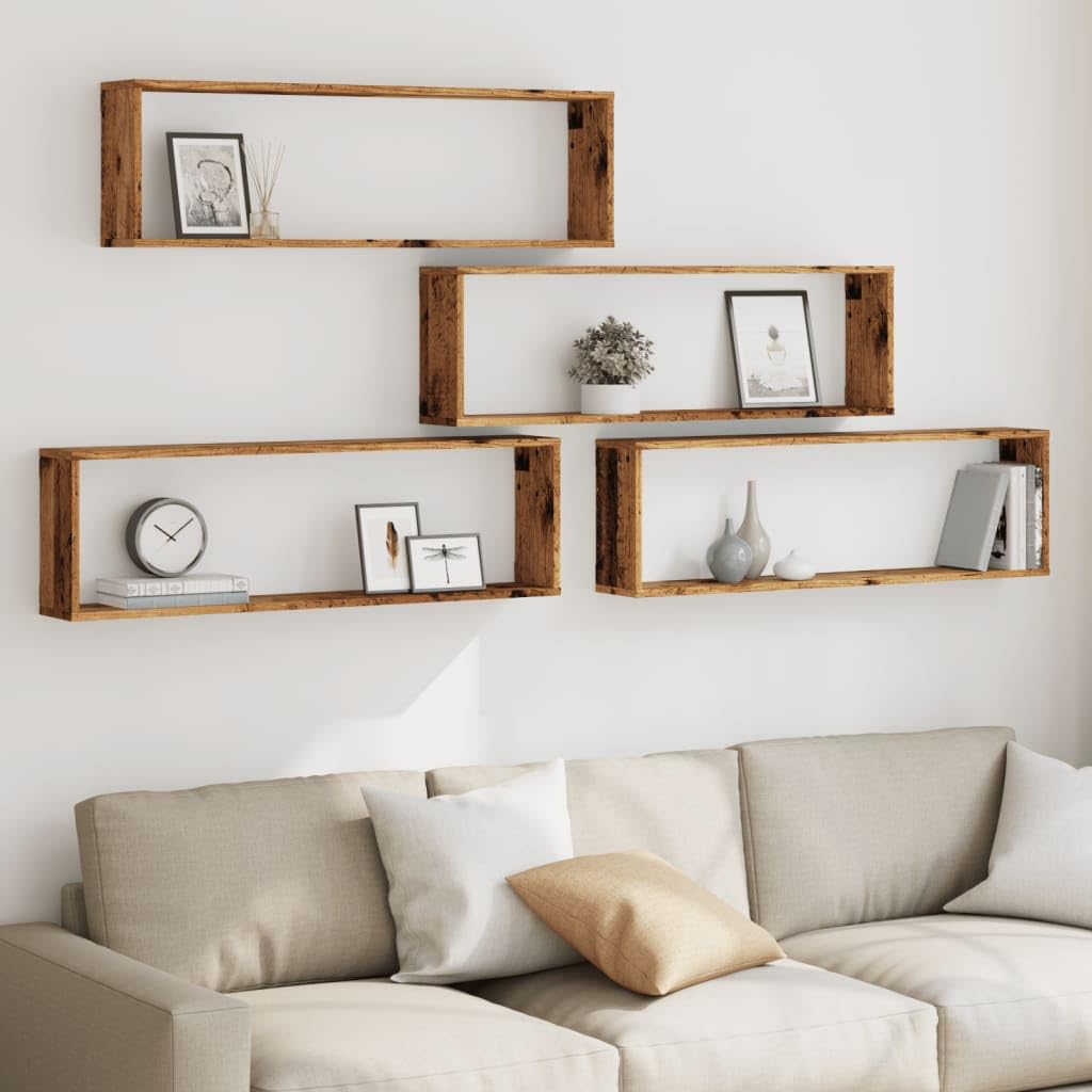 Estantería de pared en forma de cubo, 4 unidades, aspecto de madera vieja, 100 x 15 x 30 cm, material de madera, estantes flotantes para montaje en pared, estantes de pared para dormitorio