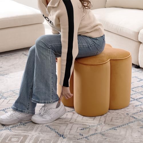 Image of Zesthouse Flower Pouf Ottoman Foot Rest Set of 2, Velvet Fabric Poofy Ottoman Footstool for Couch, Modern Living Room Stool for Under Entry Table, Cute Square Vanity Stool for Bedroom Dorm, Camel