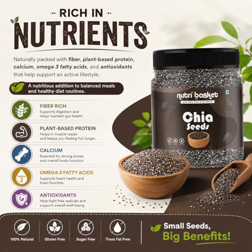Image of NUTRI BASKET Premium Chia Seeds 250g | Raw & Non-GMO Chia Seeds for Eating | Rich in Fiber, Protein, Calcium & Omega 3 | Healthy Superfood for Smoothies, Salads, Baking & Diet Food
