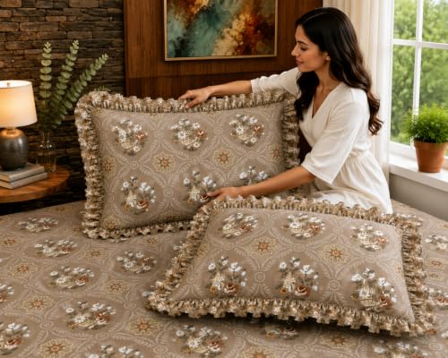 Image of Fitted Bedsheet Queen Size 300 TC Soft Cotton Feel Microfiber All Around Elastic Fitted Double Bedsheet with 2 Frill Pillow Covers | Size (60x78) Beige Gamla
