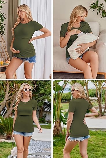ELESOL Womens Nursing Tops 3 Pack Double Layer Breastfeeding Shirts Short Sleeve Maternity Clothes