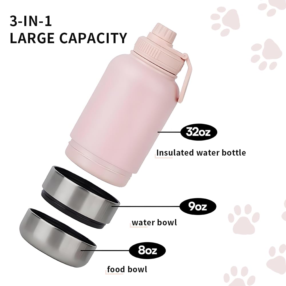 Pets Hundetrinkflasche für Unterwegs, 950ml Isolierte Edelstahl Trinkflasche Hunde mit Futterbehälter Wassernapf & Tragegriff, Tragbare Hundeflasche BPA-frei für Reise Spaziergang & Outdoor, Rosa