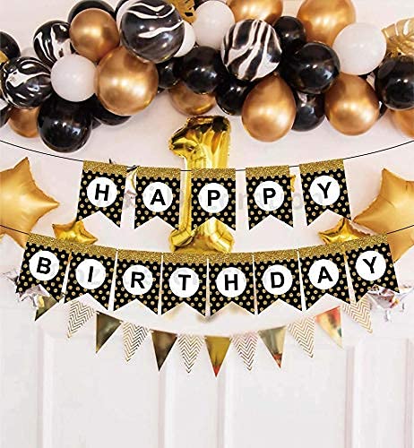 Rozi Decoration Happy Birthday Glitter Banner for Kids, Adults, Husband, Wife - Black and Gold Theme Party Decoration Items Pack of 1 Set 2