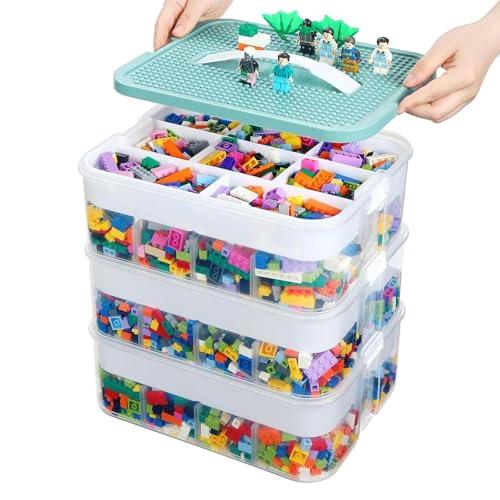 おもちゃオーガナイザー収納ケース 蓋付き レゴ用 収納ボックス おもちゃ箱 収納 レゴ デュプロ 収納ボックス 玩具収納 プラスチック製 積み重ね 子供 透明 整理整頓 (3段-グリーン)