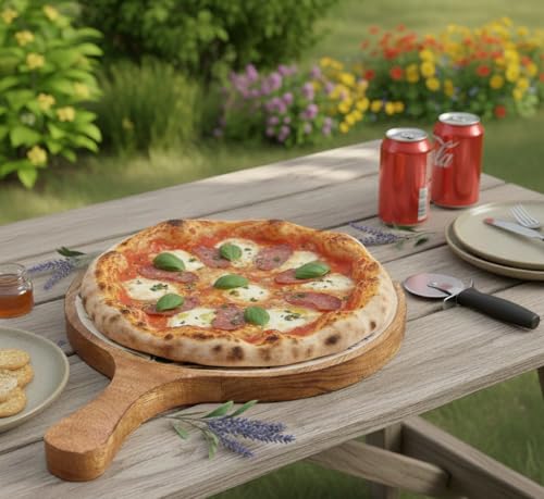 Image of SAAGA Nerium Mango Wood Pizza Serving Platter - 15 x 10 Inch Round Wooden Snack & Pizza Tray | Stylish Tray for Kitchen, Home, Cafes & Restaurants
