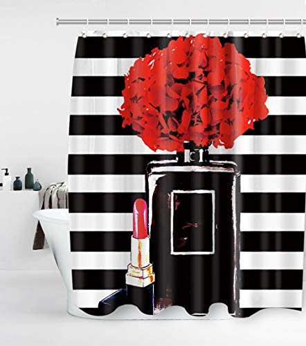 Perfume Lipstick Black and White Striped Shower Curtain with 12 Hooks A Large