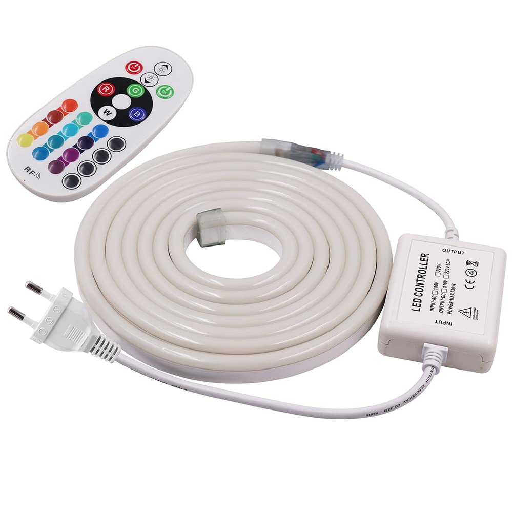 KISUFU RGB Neon LED Streifen,Neon Wasserdicht Strip 220V Outdoor Flexibler DIY Lichtband für Innen Weihnachtsfeier Aussenbereich Schlafzimmer, Schrank, Bar,mit Netzteil und 24 Tasten Controller (5m)
