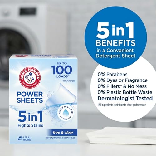 Image of ARM & HAMMER 5in1 Power Sheets Laundry Detergent, Free & Clear, 50 Count, up to 100 Small Loads