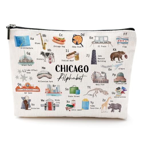 Nova York Chicago Nashville Itália Paris Los Angeles Las Vegas Alfabeto Bolsa Cosmética Bolsa de Maquiagem para Mulheres Meninas Presentes de Viagem, Alfabeto ChiCaGo, 9.7' x 6.8 'x 2'