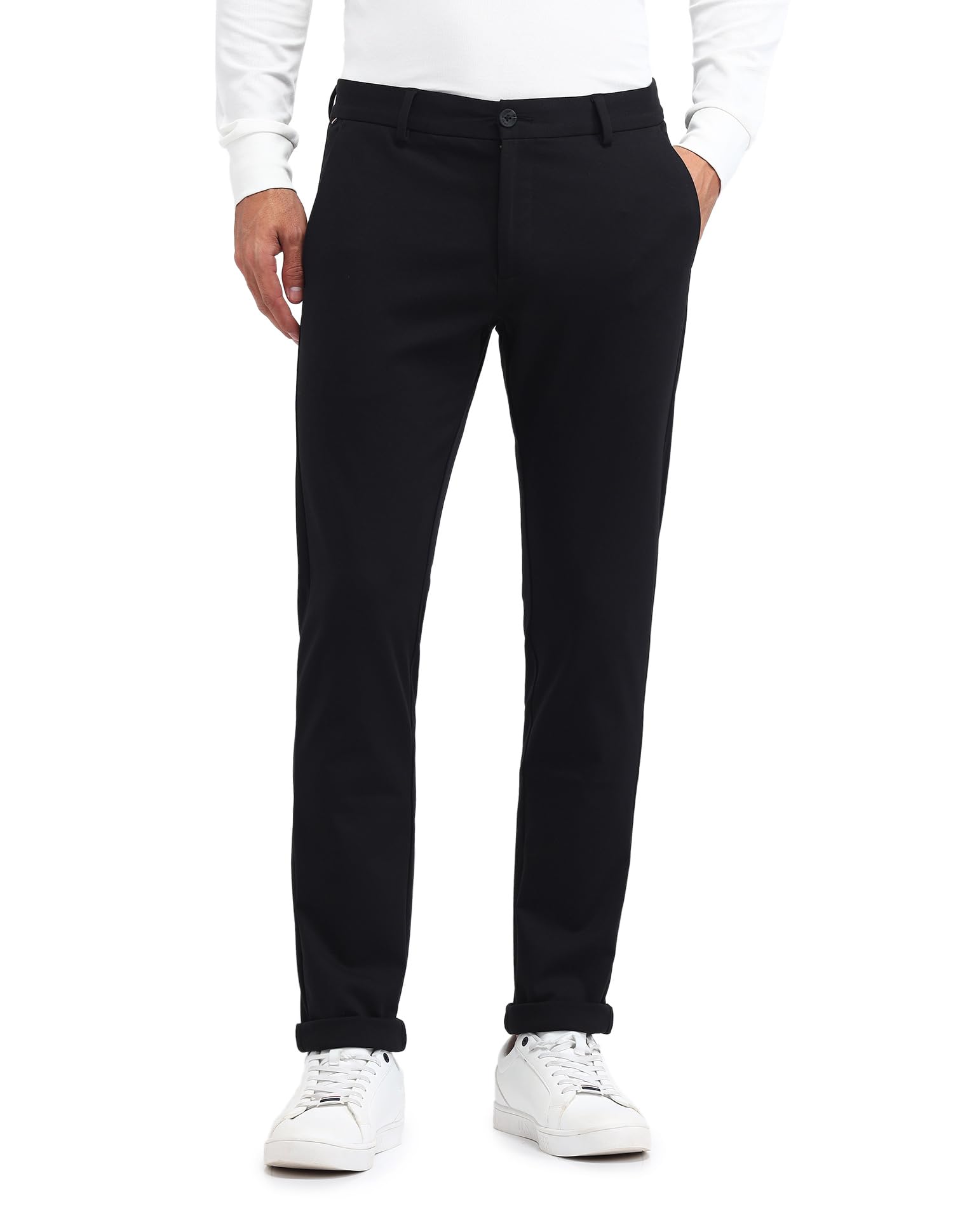 u.s. polo assn. Men's Black Solid Mid Rise Cotton Button Slim Fit Flat Front Slant Pocket Trousers-picture-21