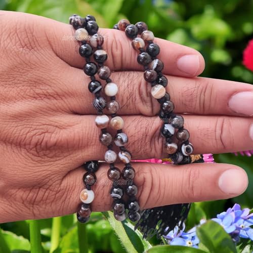 Image of Apnisanskriti Premium Sulemani Hakik Stone Mala for Men and Women (6mm, AAA Quality, Lab Certified, 108+1) - Natural Stone Beads Mala - Black & White Bands Colour - Pack of 1