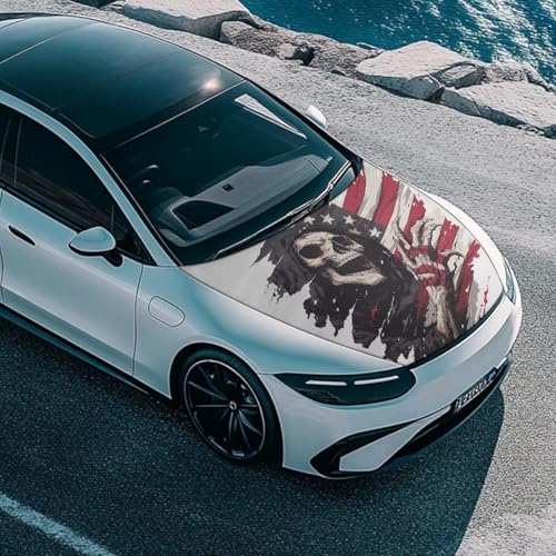 Image of American Flag Skull Design Car Hood Cover Stretchable Car Hood Wrap Blanket Waterproof Automotive Accessories for Compact Sedans SUV Trucks Minivan (59x39 Inch)