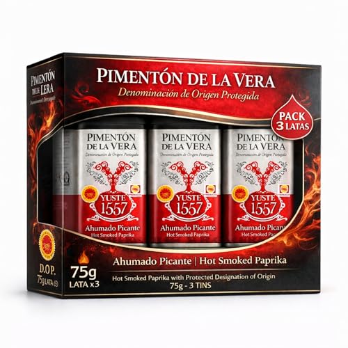 Pimentón de la Vera Ahumado Picante, Denominación Origen Protegida, Pimentón Yuste 1557, Producido en Extremadura, Ideal para guisos, carnes, salsas, embutidos y platos tradicionales, 3 botes de 75 gr
