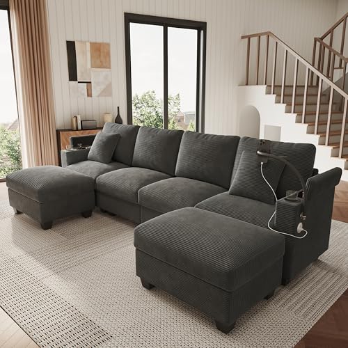 Yihomfy Canapé d'angle en L/U, canapé modulable, canapé d'angle Convertible avec Repose-Pieds, Porte-gobelet, téléphone et Port de Chargement USB, 6 Places en Forme...