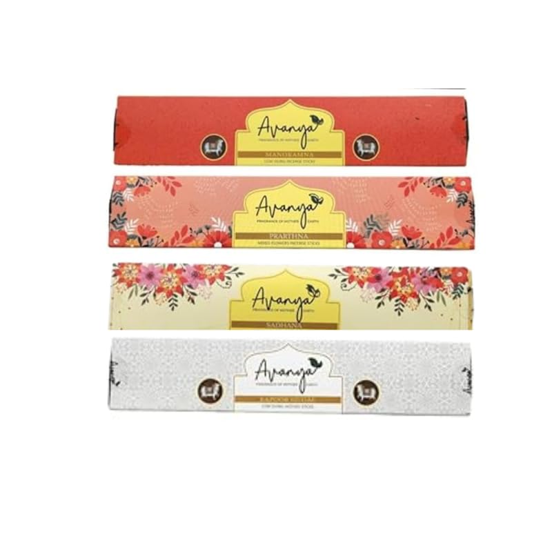 Avanya Fragrance of Mother Earth (Combo Offer Incense Sticks) | Manokamna, Kapoor Guggal, Shadana & Prartna Flavours Cow Dung and Mixed Sacred Temple Flowers, Pack of 4