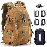 Wandelrugzak 25-30 liter trekkingrugzak tactische rugzak voor outdoor survival wandelen kamperen reizen jacht Molle militaire rugzak heren en dames, met 4 D-vormige gespen en regenhoes (TAN)