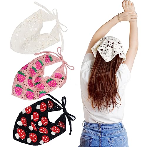 hoyuwak 3pcs Strawberry Crochet Head Scarf Bandanas Headbands Hair Scarf Head Coverings Hair Accessories for Women Hair Styling Valentine's Day Holiday Decor