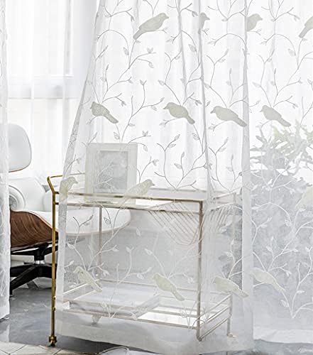 AliFish 1 Panel Birds and Trees Embroidered Ivory Sheer Curtains Linen Look Country Style Voile Yarn Gauze Drape Panels for Kids Room Living Room W39 x L63 inch