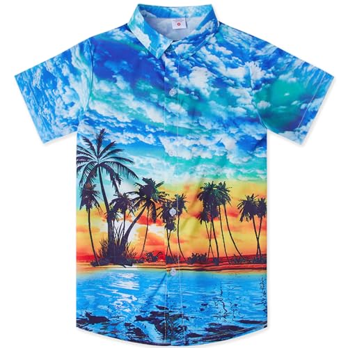 Image of uideazone Boys Hawaiian Shirts Novelty Printed Funky Short Sleeve Button Down Shirt Kids Aloha Luau Shirt 7-14T