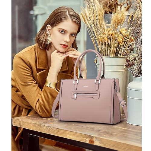Image of TANTOMI Structured Satchel Purses for Women, Medium Vegan Leather Top Handle Handbag with Pockets, Classy Work Bag for Ladies