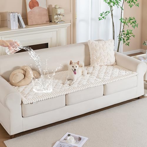 PuTian 100% Waterproof Fuzzy Couch Cover for Dogs Washable Non-Slip Furniture Cover Pet Friendly Dog Mat for Couches and Sofas White 27.6x59 70cmx150cm