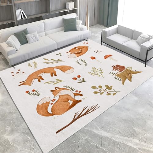 Tapis Salon Lavable Plante Fleur Renard - Couleur Claire Chambre Pile Courte et Douce Tapis Doux - 60x90cm Rectangulaire Tapis Intérieur Extérieur...