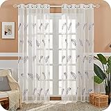 MRTREES Cortinas Visillos Bordados de Plumas Gris 2 Piezas 140x245cm Cortinas Salon Moderno de Lino Aspecto con Ojales para Ventanas Habitacion Juvenil Dormitorio Comedor Cocina Cuarto de Niños
