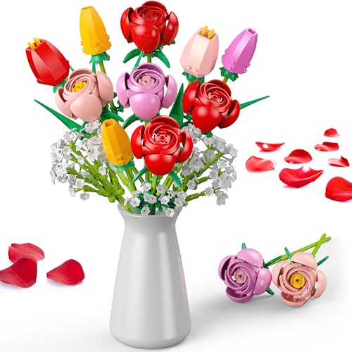 Booyuer Kit de Construcción de Ramo de Flores 680 PCS, 4 Rosas y 4 Tulipanes, 13 Estilos de Ramo Decorativo, Regalo para Cumpleaños de Niños, Adultos, San Valentín, Día de la Madre, para Ella o Él