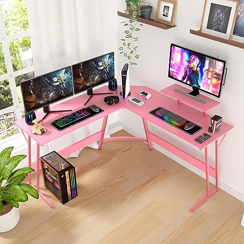 Image of PayLessHere L Shaped Gaming Desk Corner Desk Computer Desk with Large Desktop Studying and Working and Gaming for Home and Work Place,Pink