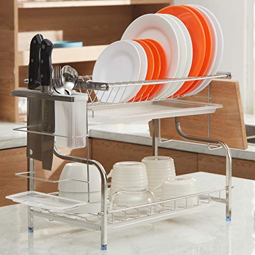 2 Tier Dish Rack, NATUROUS 304 Stainless Steel Dish Drying Rack Kitchen Organizer with Drain Board, Utensil Holder, Cutting Board Holder, Silver - Thumbnail 2