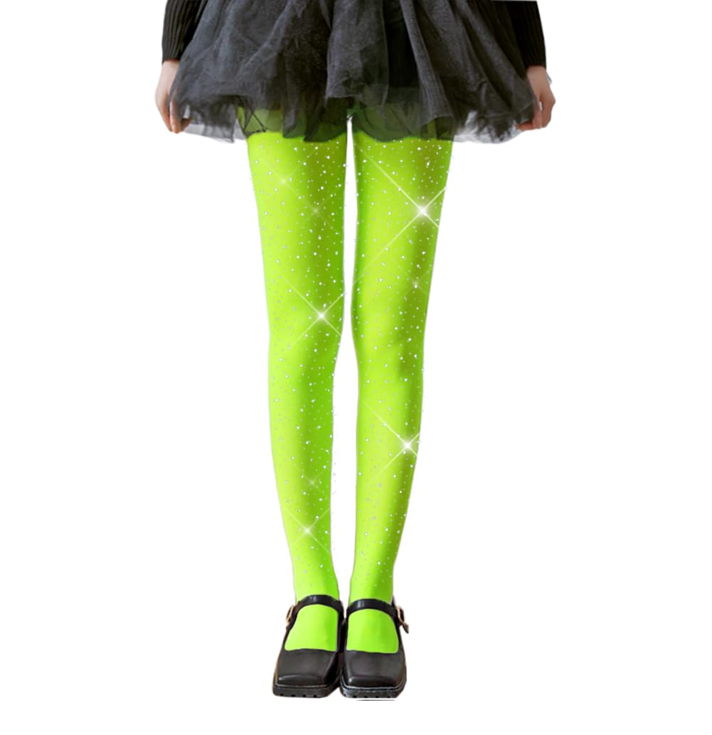 LUCKELF Glitter Tights for Girls, Soft, Opaque, Sparkling, Rhinestone, School Dress, Dance Tights, Lawn green, 2-4 Jahre