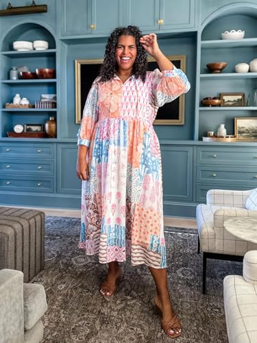 Image of CHARTOU Women Boho Floral Printed Long Dress Summer Lantern Half Sleeve Beach Flowy Loose Swing Chiffon Sundress