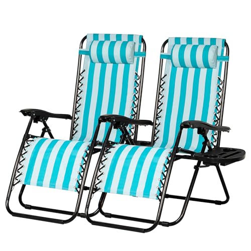 Nazhura Set of 2 Relaxing Recliners Patio Chairs Adjustable Steel Mesh Zero Gravity Lounge Chair Beach Chairs with Pillow and Cup Holder (Light Blue Stripe)