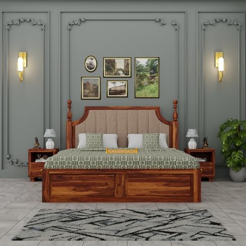 Image of Sheesham Wood King Size Bed with Storage | Solid Rosewood Double Bed for Bedroom | Wooden Palang with Box Storage | Cot Bed Furniture | Classic Bed Honey Finish | 78x72x41 Inch